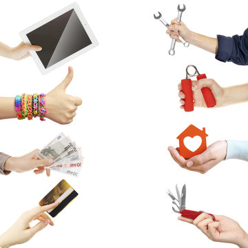 Hands holding different objects isolated on white background