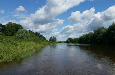 Fototapeta premium Fluss fließt durch grüne Sommerlandschaft - Flusslandschaft