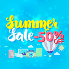 Obraz premium Summer Sale 50 Off Lettering over Blue Blurred Background