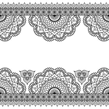 Indian, Mehndi Henna line lace elements with flowers pattern card for tattoo on white backgroun