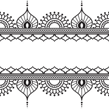 Mehndi Henna line lace element with circles and waves pattern card for tattoo on white background