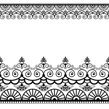 Border pattern elements with flowers and lace lines in Indian mehndi style isolated on white background.