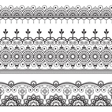Indian, Mehndi Henna three line lace elements pattern for tattoo on white background