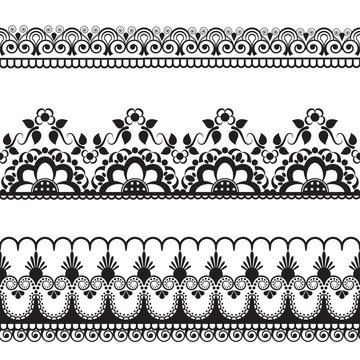 border pattern line lace elements with flowers in Indian mehndi style for card and tattoo isolated on white background.