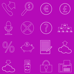 A set of contour business icons on purple background