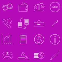 A set of contour business icons on purple background