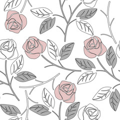 Cute seamless pattern with pink roses and light grey leaves isol