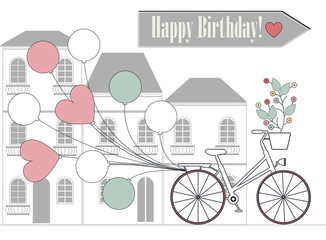 Romantic Birthday card with bicycle, balloons and flowers