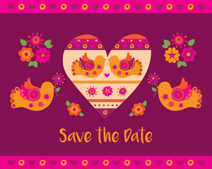 Wedding invitation card. Decorative heart with birds. Sketch for your design. Vector illustration.