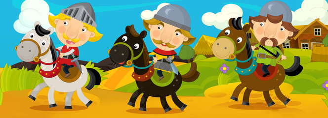Fototapeta premium Cartoon scene with knights traveling somewhere - background for different usage - for game or book - illustration for children