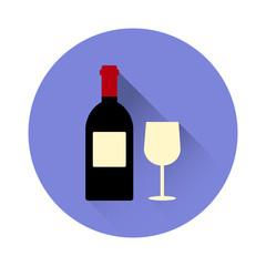 Wine bottle and glass icon with long shadow. Vector illustration