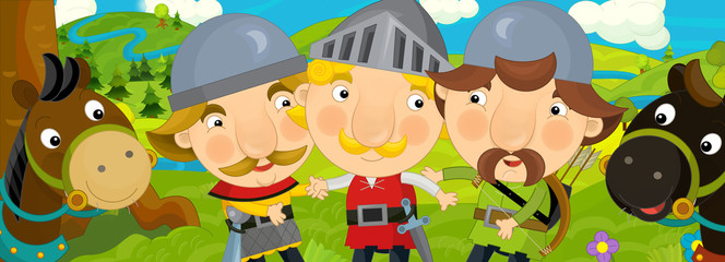 Cartoon scene of knights friends traveling together - illustration for children