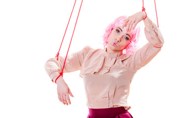 woman girl stylized like marionette puppet on string