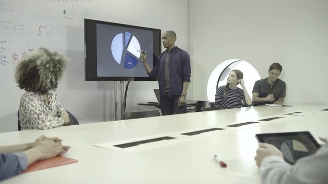 Man explaining pie chart during meeting in conference room