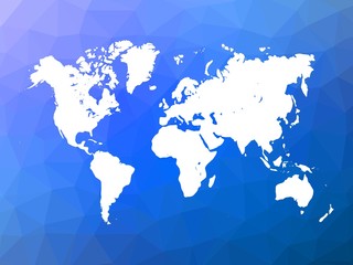 Map of World on low poly background. World map on background made of triangles. White vector illustration on blue polygonal shape background.