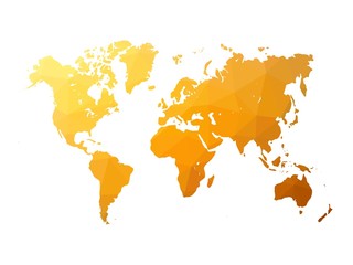 Low poly map of world. World map made of triangles. Orange polygonal shape vector illustration on white background.