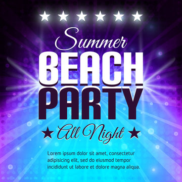 Summer Beach Party Flyer. Disco party background in purple and blue colors. Place for text. Vector Illustration