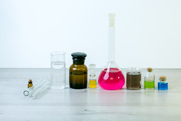 Chemical laboratory equipment, analyzes, laboratory reagents, liquid for blood testing. Background with copy space for text