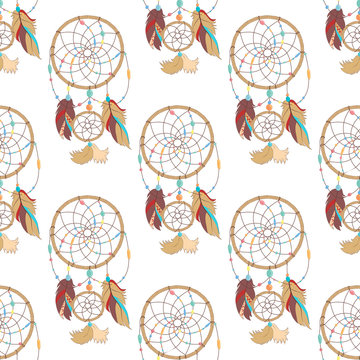 Seamless pattern of mysterious and magical indian ojibwe dreamcatcher. Tribal paganism totem symbol for superstition about sleep. Traditional american symbol for dream protection made of bird quills
