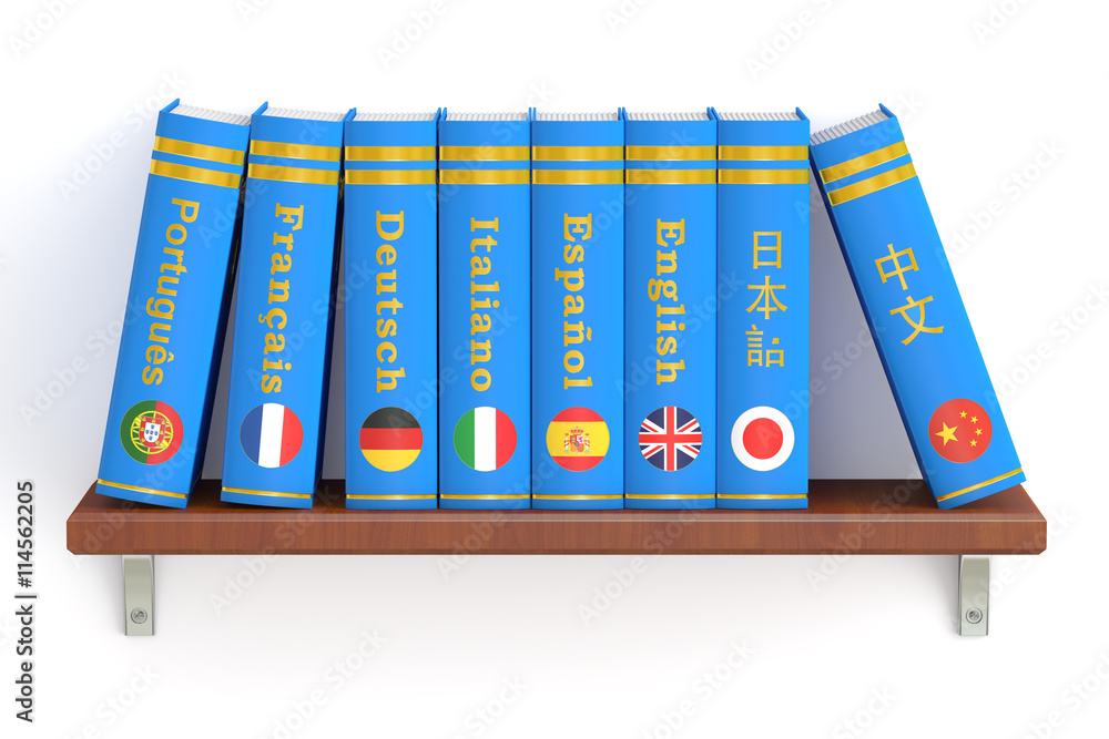 Poster shelf with dictionaries books, 3d rendering