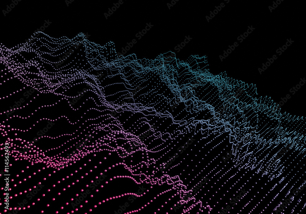 Poster abstract 3d rendering of waves with particles on black background. futuristic background with lines 
