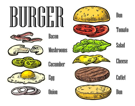 Burger ingredients on black background.