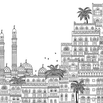 Hand drawn black and white illustration of Sana'a in Yemen, beautiful arabesque houses and mosque