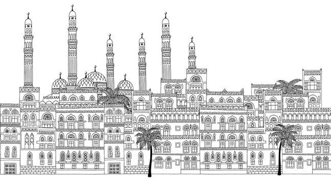 Yemen - Seamless banner of Sanaa's skyline, hand drawn black and white illustration with arabesque houses and mosque