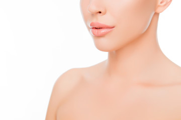 Close up photo of beautiful woman's lips and perfect skin - obrazy, fototapety, plakaty