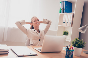 Portrait of happy smiling businesswoman having break and resting
