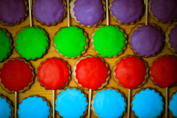 Gingerbread cookies with colored mastic on sticks on the old woo