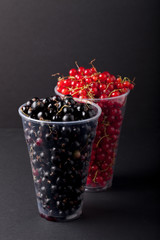 Currant berries in a plastic glass on black background
