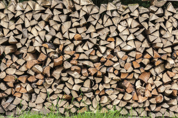 Stack of firewood stapled on a meadow