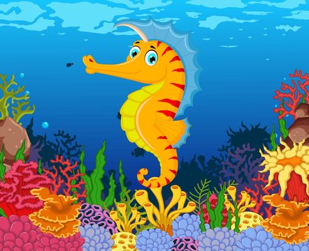 funny seahorse cartoon with beauty sea life background