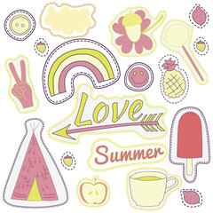happy embroidery pink summer patches collection. vector illustration for stickers, , magnets, greeting card decoration