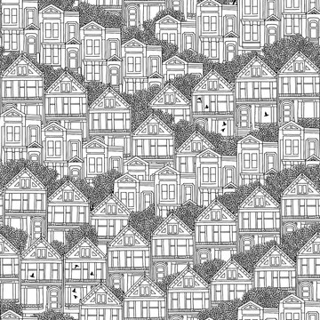 Hand drawn seamless pattern of Victorian style houses in San Francisco
