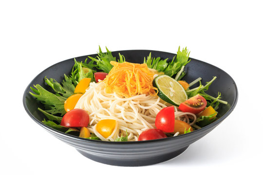 Somen - Japanese style thin wheat noodles on white background