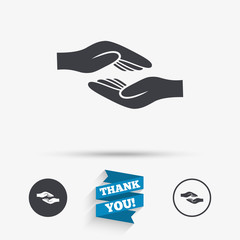 Helping hands sign icon. Charity or endowment.