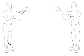 Zwei Boxer stehen sich gegenüber um den Kampf zu beginnen. Kalligrafie in schwarz auf weiss