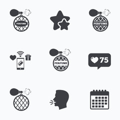 Perfume bottle icons. Glamour fragrance signs.