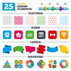Pets icons. Dog paw sign. Winner laurel wreath.