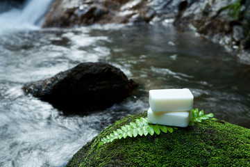 Alternative skin care homemade soap on stone, green leaf with tr