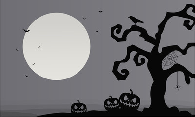 Gray backgrounds Halloween pumpkins and dry tree