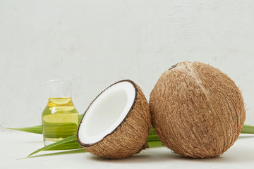 healthy coconut oil, tropical, beauty spa concept - close up of