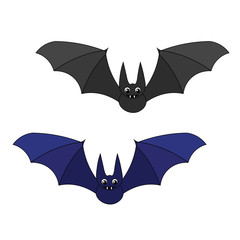 Two cute cartoon bats. A bat with big eyes and fangs. Funny smiling bats.
