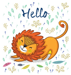 Hello. Cute lion cartoon vector illustration