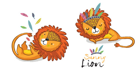Sunny lion set. King of the jungle. Animal vector illustration