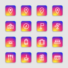 white line travel icon set on colorful smooth gradient rounded rectangle with soft shadow for web design, user interface (UI), infographic and mobile application (apps)