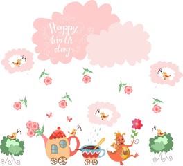 Fototapeta na wymiar Cute greeting Happy birthday card. Childish vector illustration.