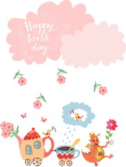 Cute greeting Happy birthday card with teapot, cup, dragon, flowers and clouds. Vector illustration.